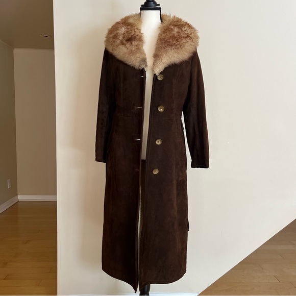 Jackets & Blazers - Long Brown Suede Coat with Fur Collar